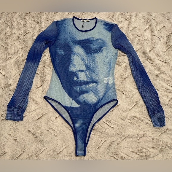 Zara Blue Sheer Mesh Long Sleeve Top Bodysuit - Picture 5 of 10